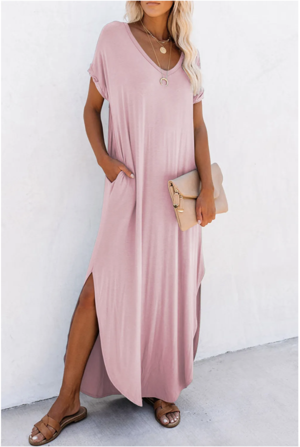 Serenity V-Neck Maxi T-Shirt Dress with Hidden Pockets