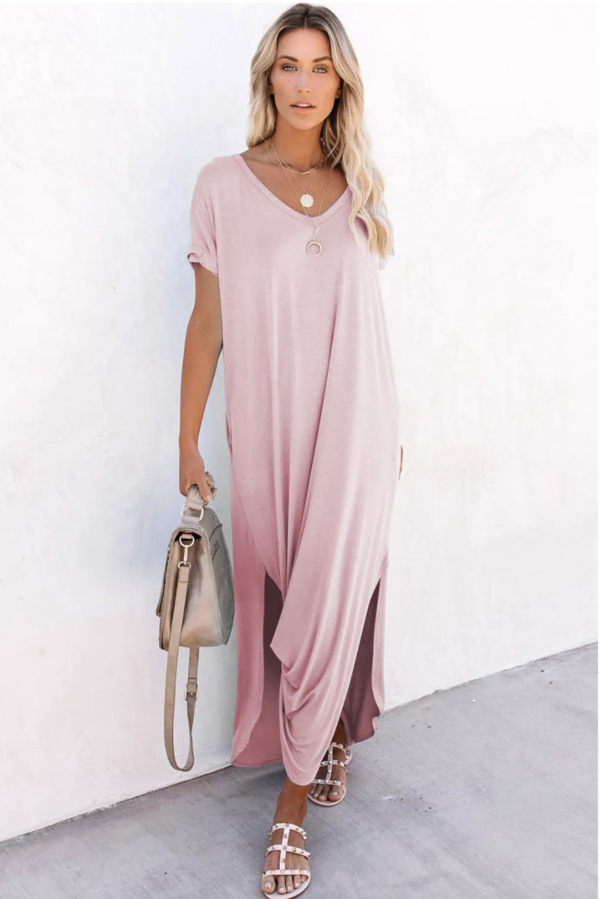 Serenity V-Neck Maxi T-Shirt Dress with Hidden Pockets - Image 3