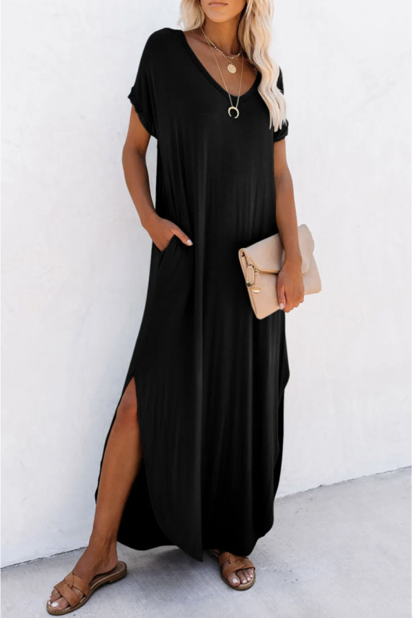 Serenity V-Neck Maxi T-Shirt Dress with Hidden Pockets - Image 15