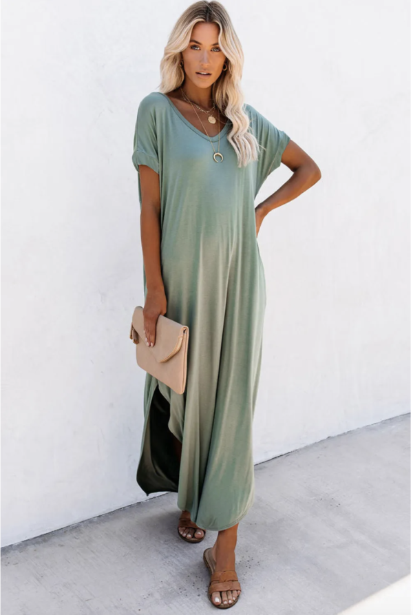 Serenity V-Neck Maxi T-Shirt Dress with Hidden Pockets - Image 7