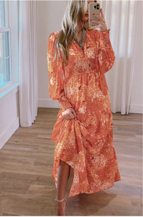 Boho Autumn Blossom Tiered Maxi Dress with Bishop Sleeves - Image 3