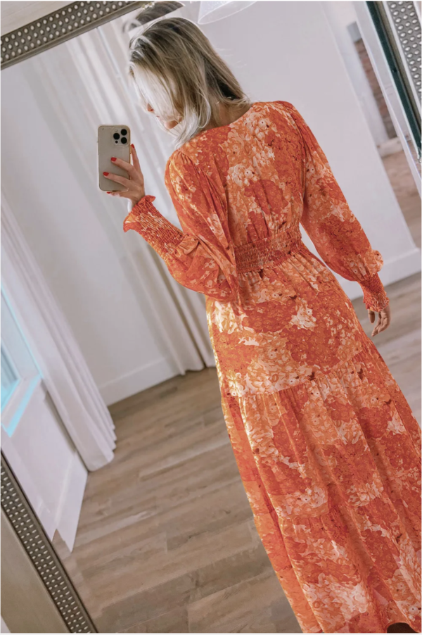 Boho Autumn Blossom Tiered Maxi Dress with Bishop Sleeves - Image 2