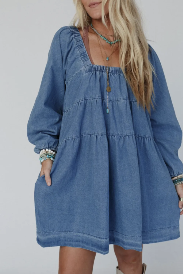 Dusk Blue Square Neck Denim Pocket Mini Dress