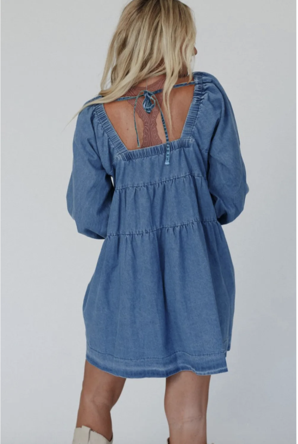 Dusk Blue Square Neck Denim Pocket Mini Dress - Image 2