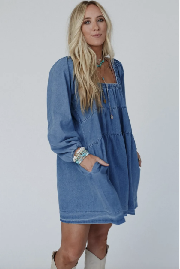 Dusk Blue Square Neck Denim Pocket Mini Dress - Image 7