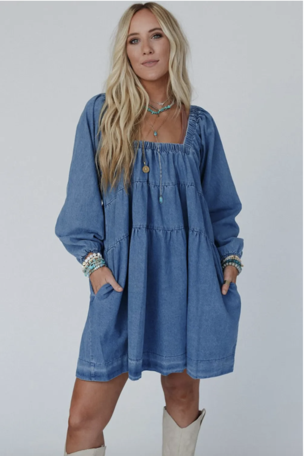 Dusk Blue Square Neck Denim Pocket Mini Dress - Image 3