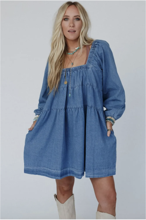 Dusk Blue Square Neck Denim Pocket Mini Dress - Image 4