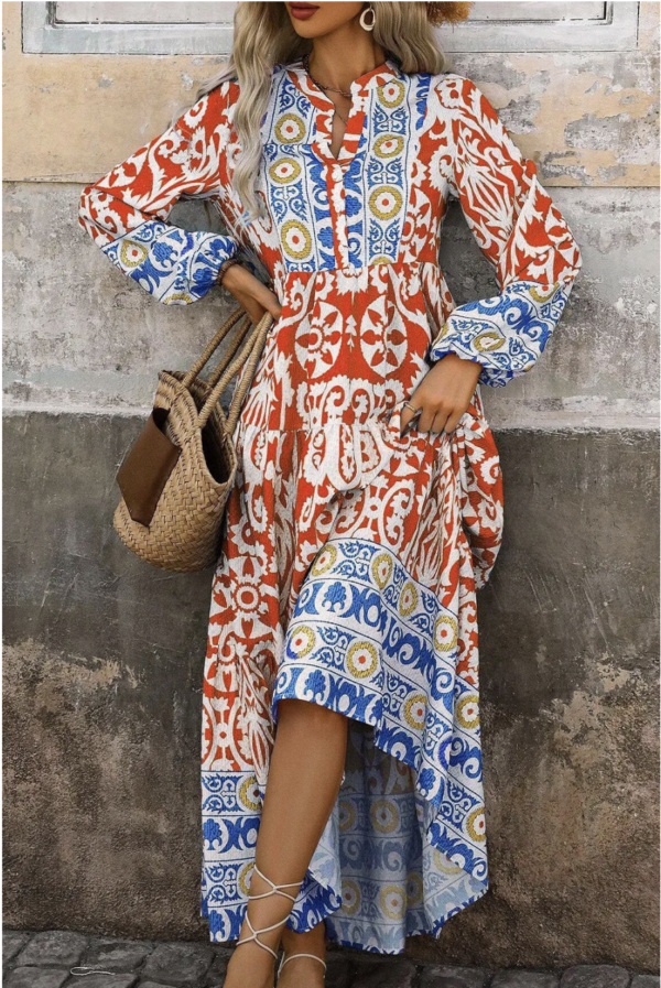 Amber Patterned Maxi Dress with Elegant Long Sleeves