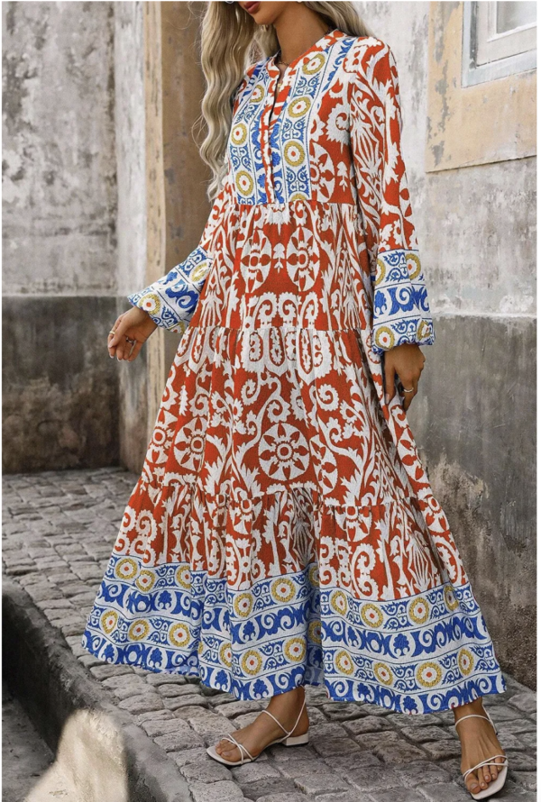 Amber Patterned Maxi Dress with Elegant Long Sleeves - Image 2