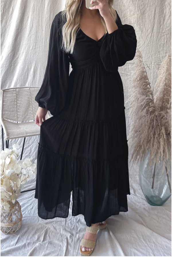 Black V-Neck Maxi Dress with Bow Detail and Tiered Ruffles