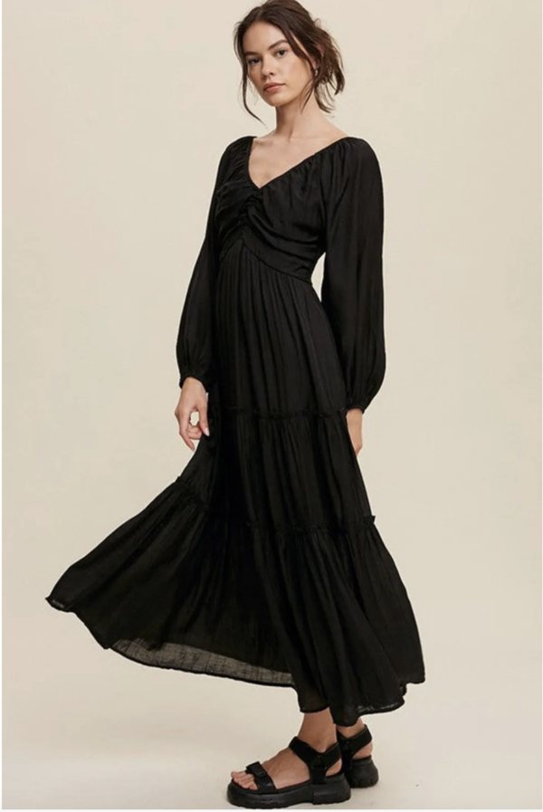 Black V-Neck Maxi Dress with Bow Detail and Tiered Ruffles - Image 2