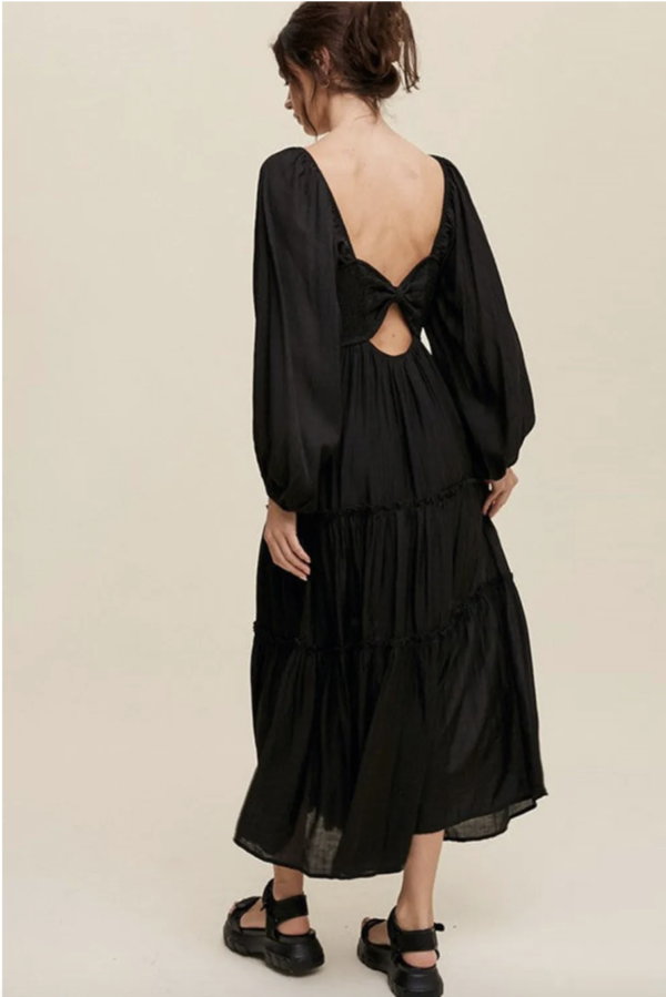 Black V-Neck Maxi Dress with Bow Detail and Tiered Ruffles - Image 3