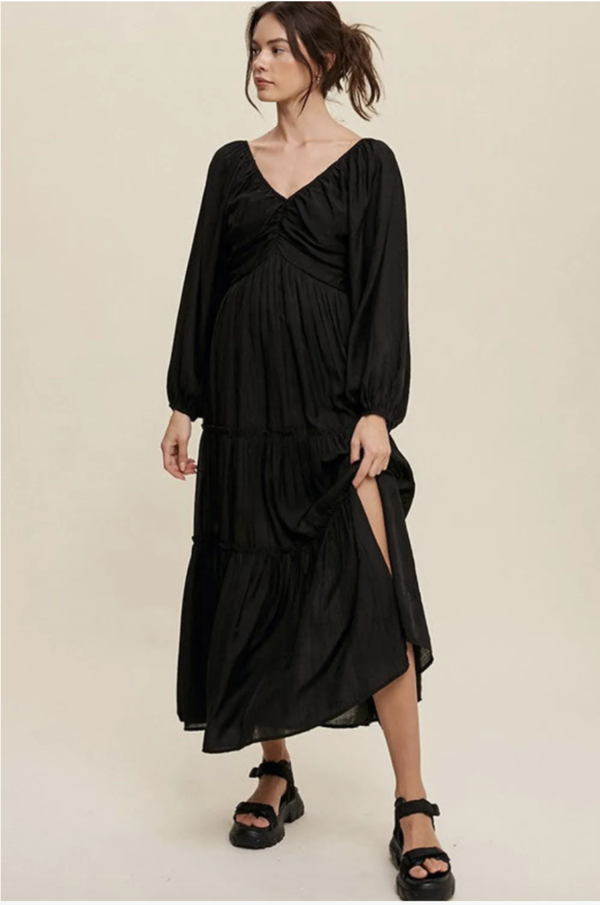 Black V-Neck Maxi Dress with Bow Detail and Tiered Ruffles - Image 4