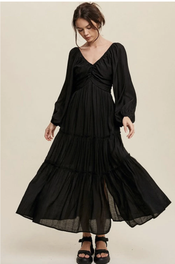 Black V-Neck Maxi Dress with Bow Detail and Tiered Ruffles - Image 5