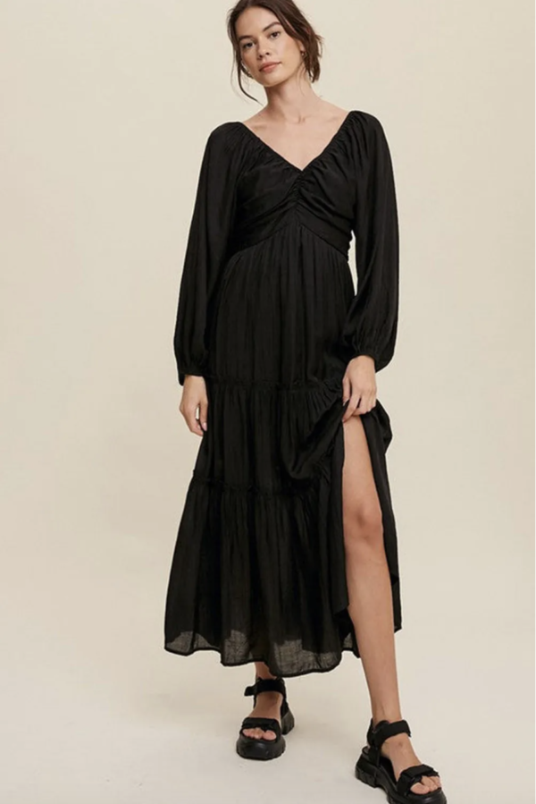 Black V-Neck Maxi Dress with Bow Detail and Tiered Ruffles - Image 6