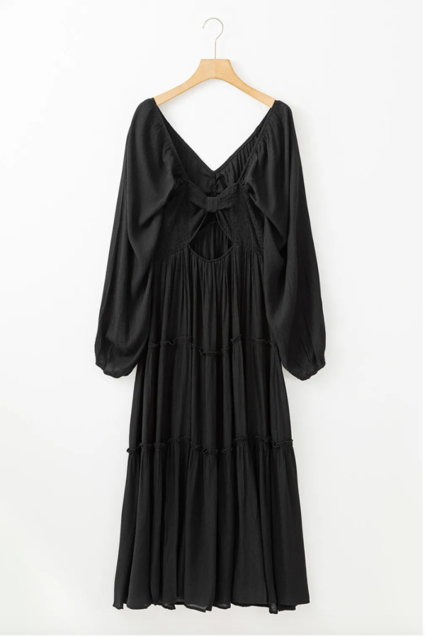 Black V-Neck Maxi Dress with Bow Detail and Tiered Ruffles - Image 7