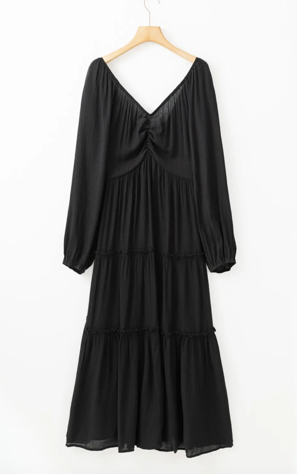 Black V-Neck Maxi Dress with Bow Detail and Tiered Ruffles - Image 8