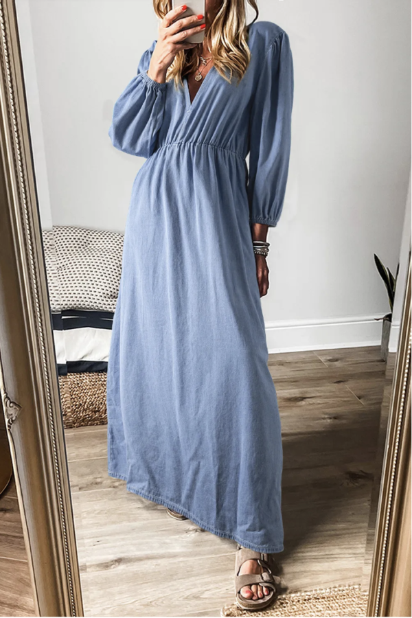 Forget-Me-Not Chambray V-Neck Maxi Dress