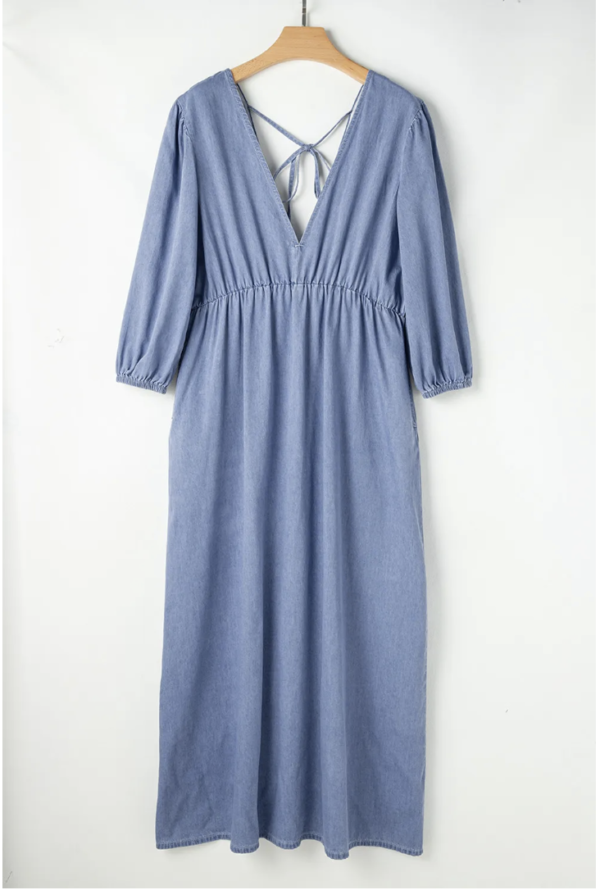 Forget-Me-Not Chambray V-Neck Maxi Dress - Image 3