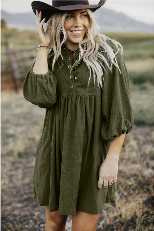 Corduroy Empire Waist Dress with Snap Buttons and Bracelet Sleeves